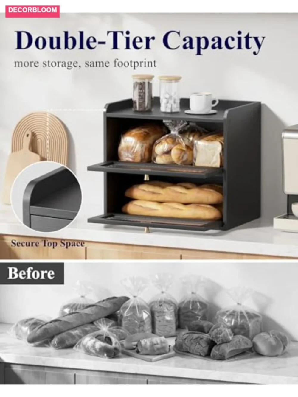 Large Bamboo Wooden Bread Box with Magnetic Acrylic Door Double Layer